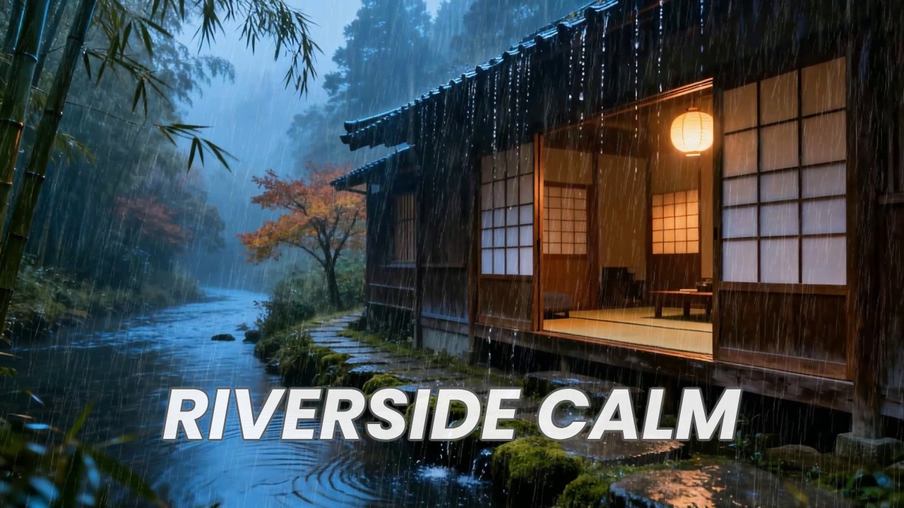 12 Hours Soul-Healing Misty Rain at a Traditional Riverside Path with Warm Lights for Anxiety Relief