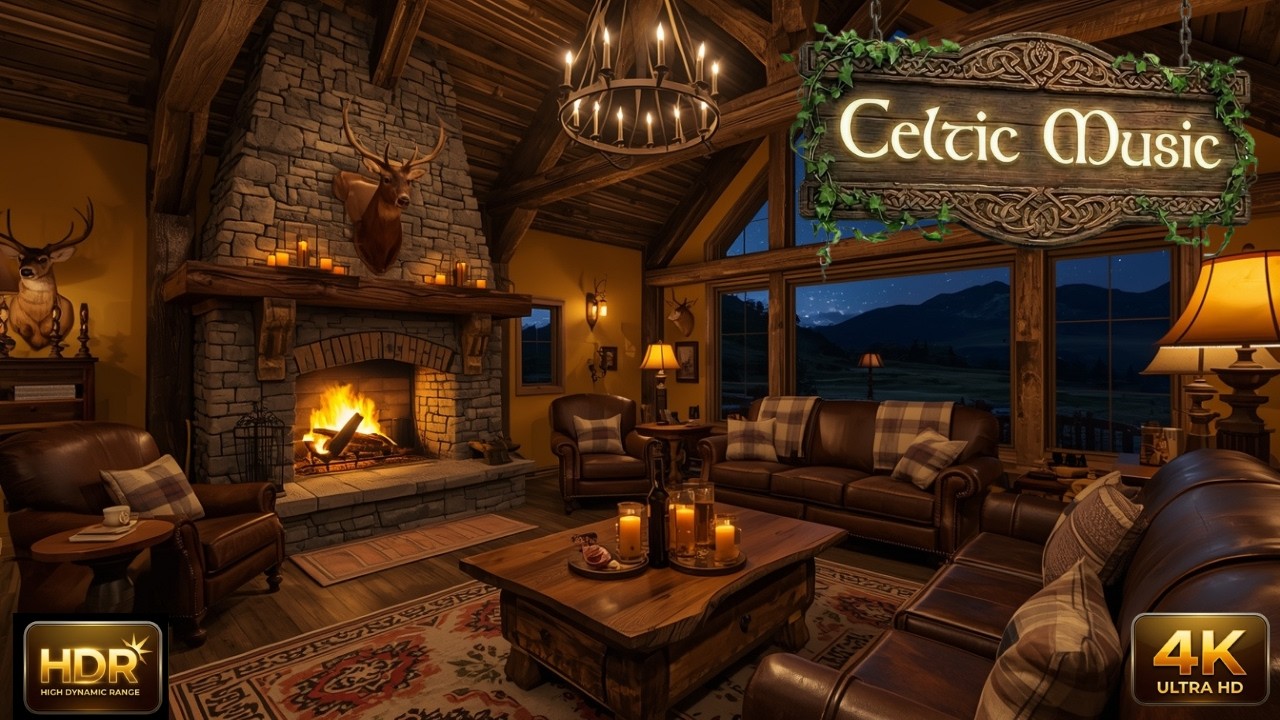 Cozy Celtic Fireplace Ambience, Irish Coastal Pub 4K | Calm Music for Relaxing Study Sleep