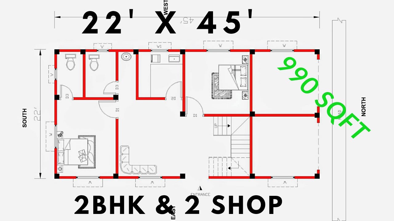 990 sq.ft. 22 x 45 House Plan 🏠 Design with Shop & 2 bed Room  . .##Engineeringplan
