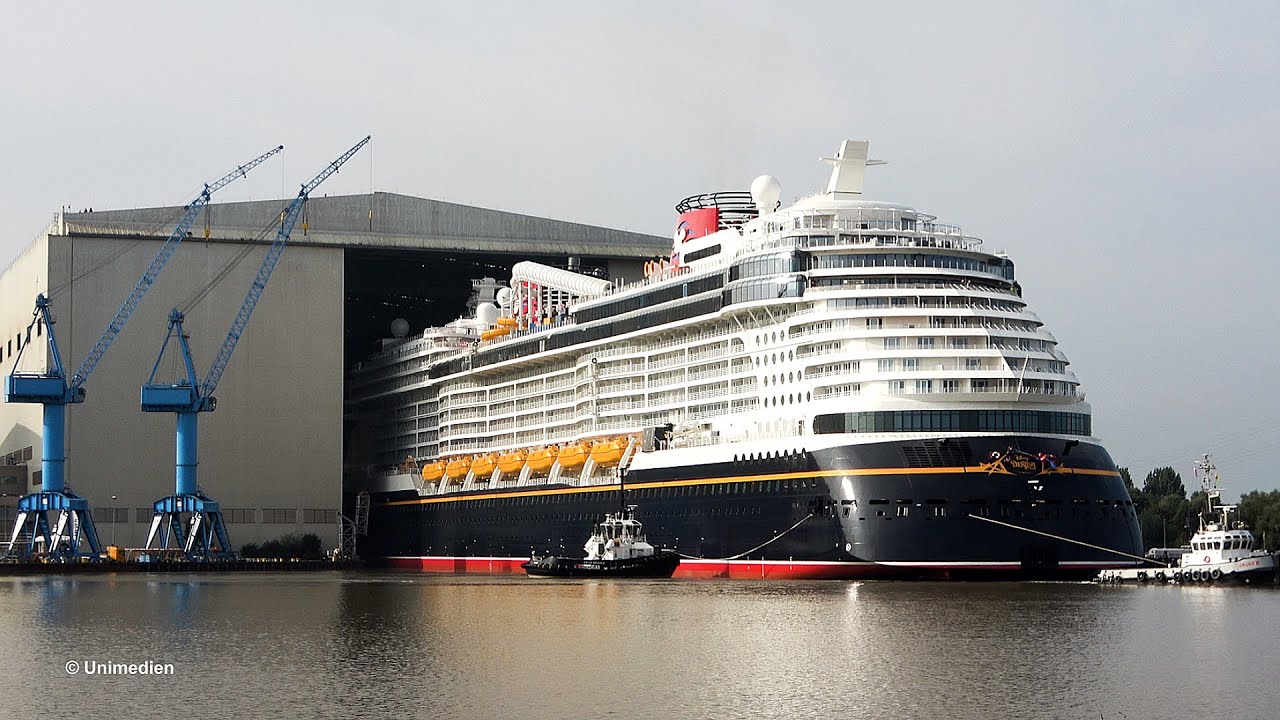 DISNEY DESTINY ship launch | spectacular float out at MEYER WERFT shipyard Papenburg | 4K-Video