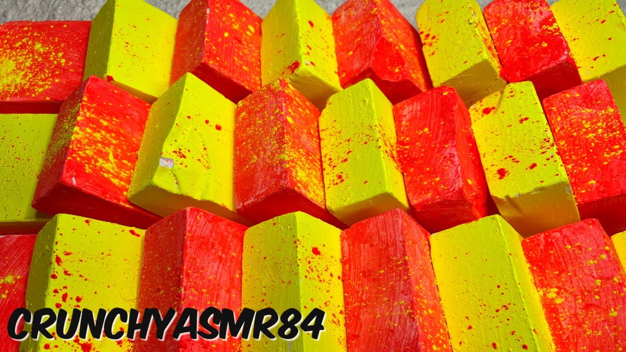 26 Neon Yellow & Red/Orange Pigment Covered Chalk Blocks | Oddly Satisfying | ASMR | Sleep Aid