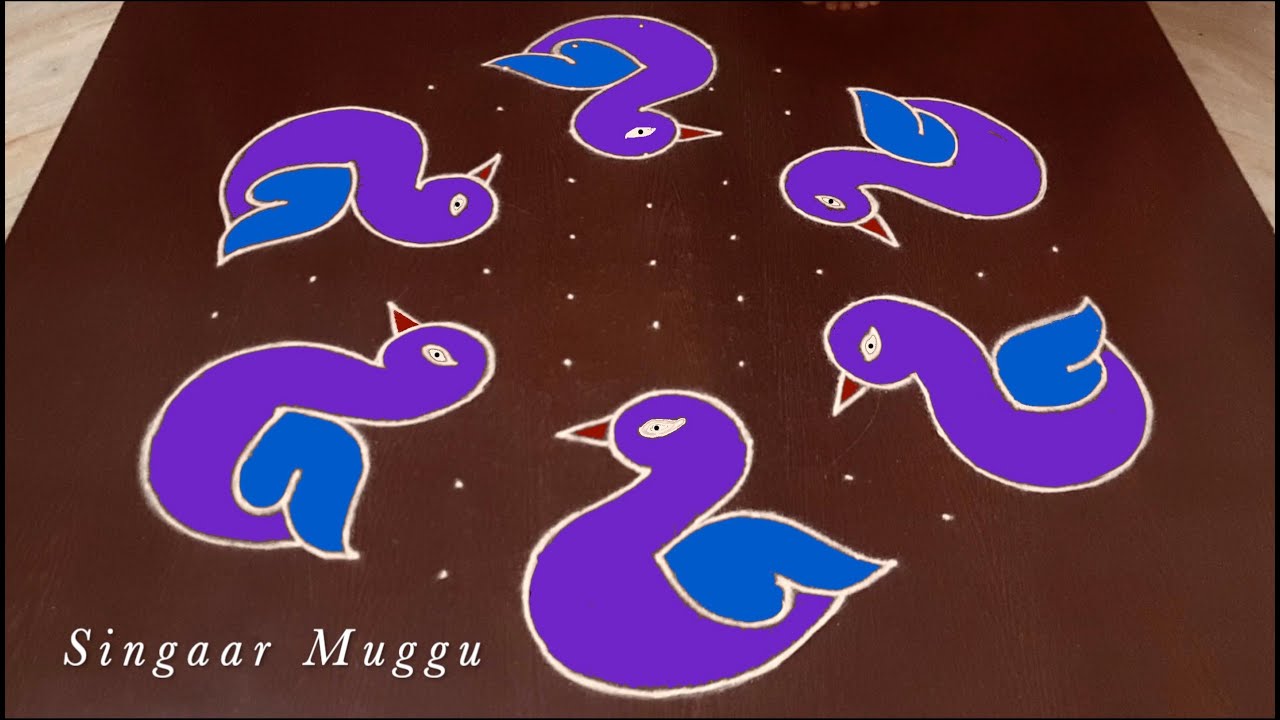 Peacock Rangoli with 11X6 dots | Cute kolam with dots | Mayil kolam | how to create peacock rangoli
