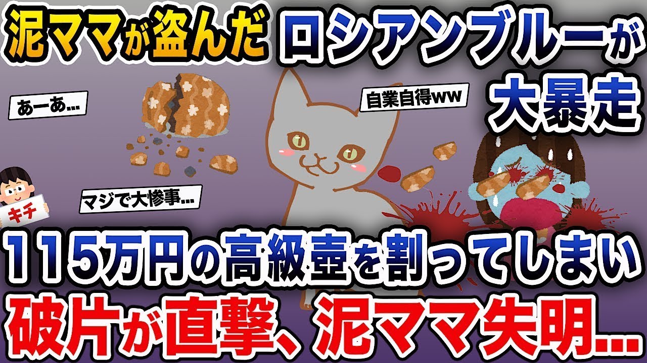 泥ママが盗んだロシアンブルーの猫が大暴れし、高級壺115万円を壊してしまい、その破片が当たって泥ママが失明した。