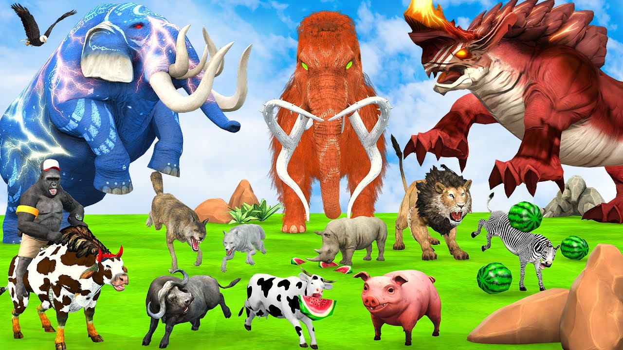 5 Giant Elephant Cow Vs Giant Indian Rhino Elephant Vs 5 Giant Lion Tiger Bull Saved Woolly Mammoth