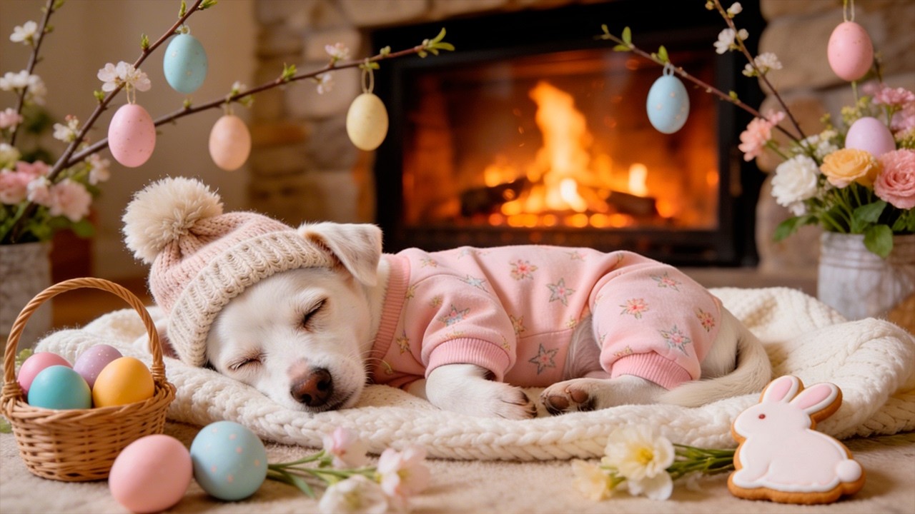 Easter Fireplace 24/7 🐶🔥 Cozy Spring Ambience with Sleeping Puppy