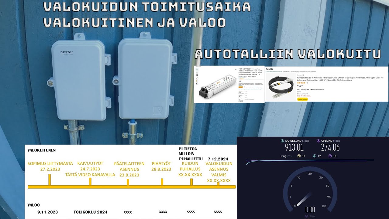 Valokuidun eteneminen ja sen toimitusaika osa 3/3. Lis&auml;ksi valokuidun veto autotalliin.