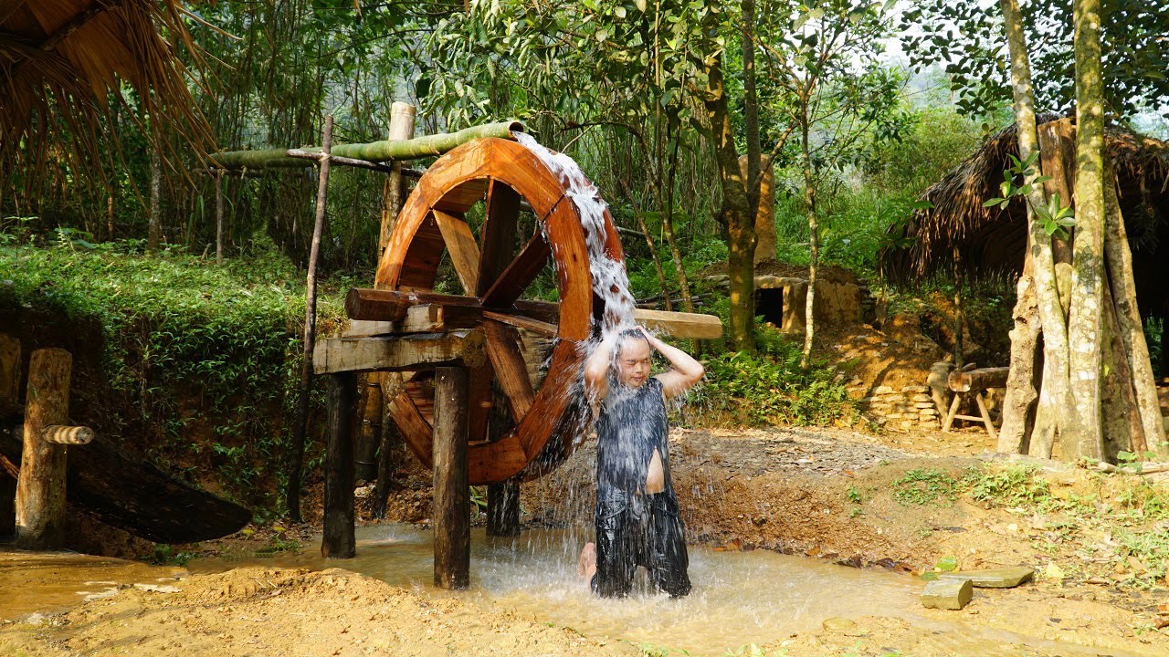 Primitive Skills: HOW TO BUILD A WATER WHEEL // Complete After 2 months, put into TEST RUN - Ep.134