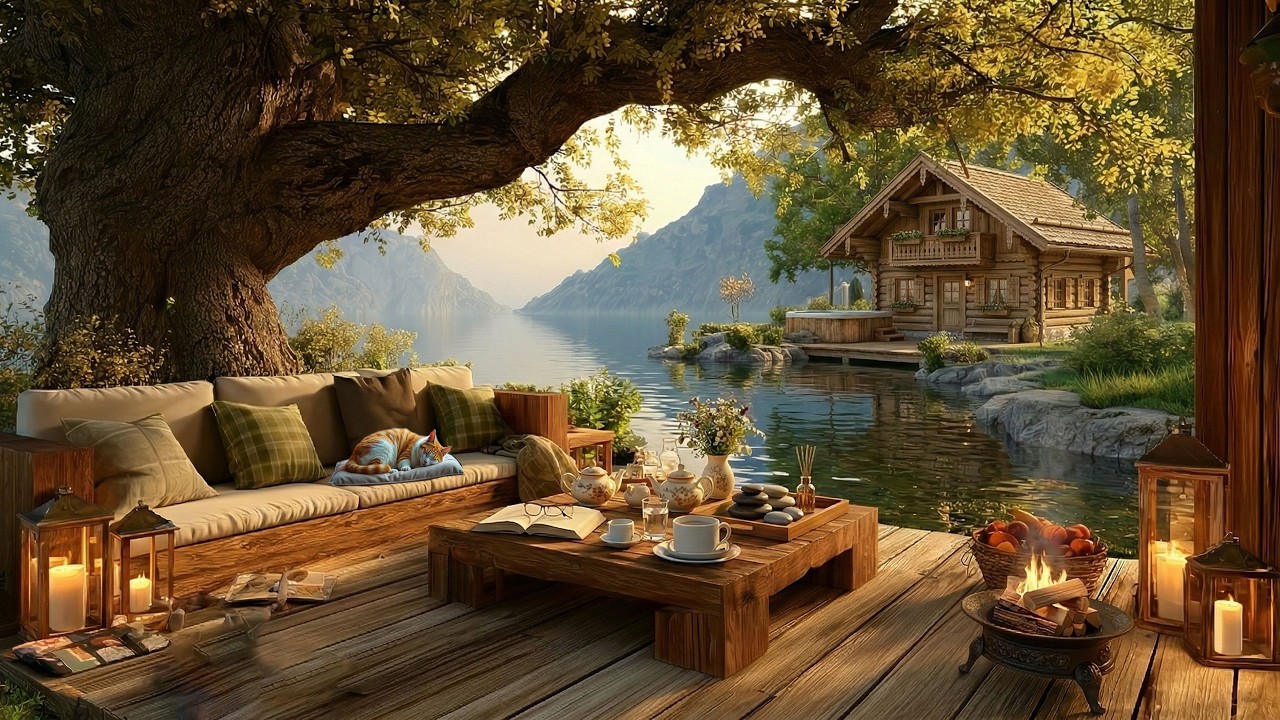 Peaceful Spring Terrace by the Lake and Fireplace | Relaxing Music & Nature Sounds