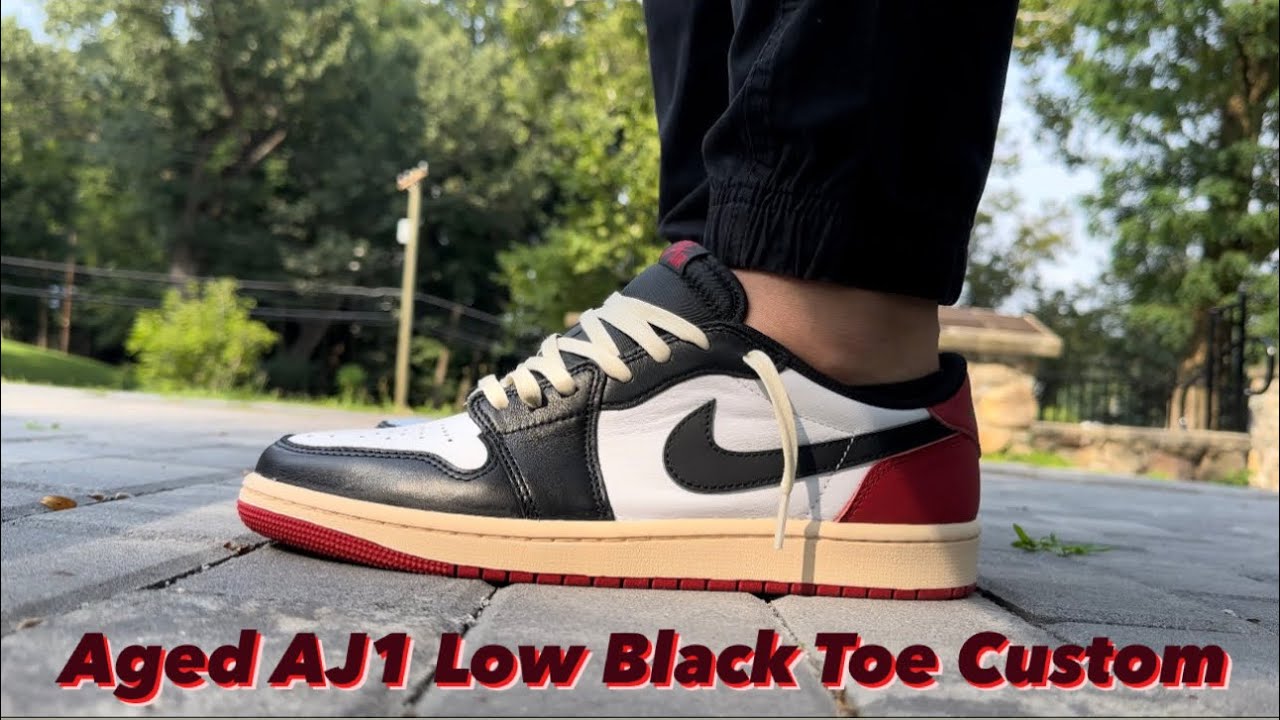 Jordan 1 Low OG Black Toe Custom, aged, lace swap. Guide & on foot.