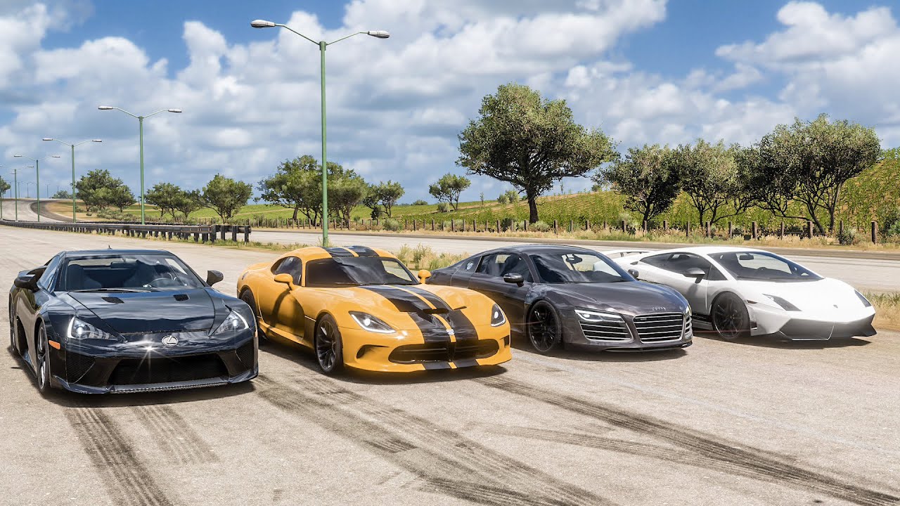 FH5 Drag race: Lexus LFA vs SRT Viper GTS vs 2013 Audi R8 V10 vs Lamborghini Gallardo LP570-4 SL