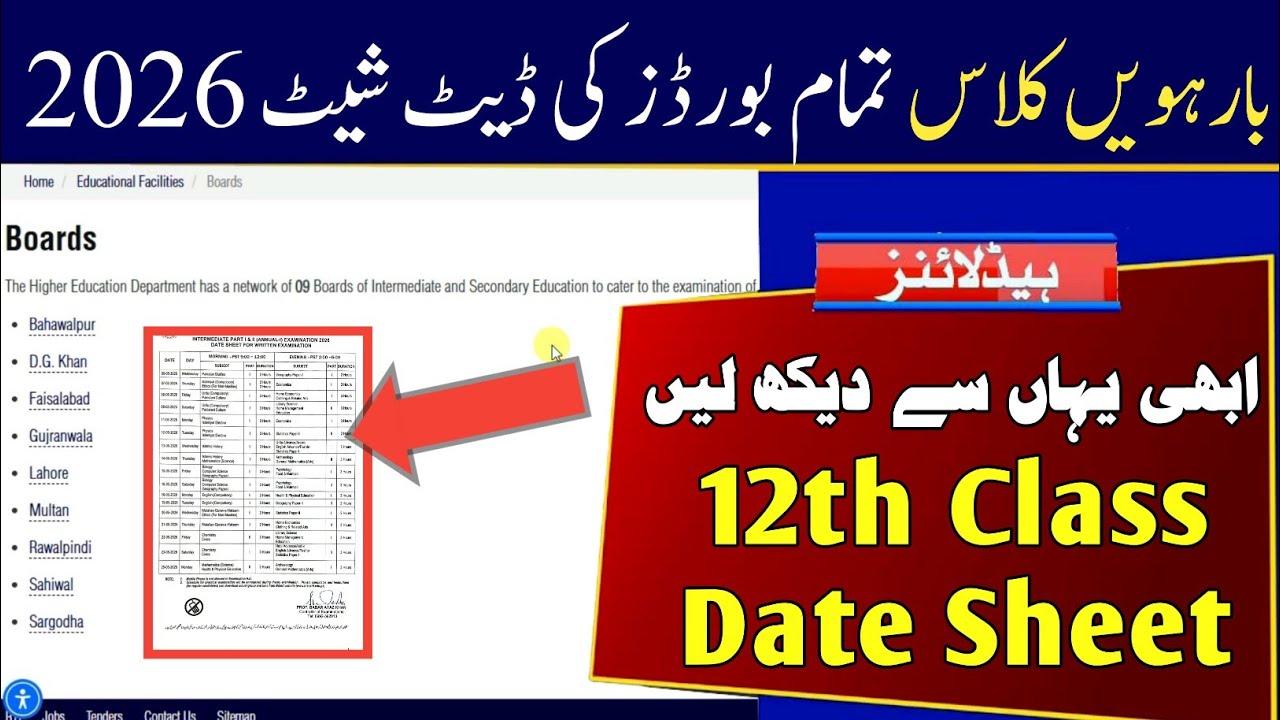 12th Class Date Sheet 2026 Exams | 2nd Year Date Sheet 2026 Exams | Intermediate Date Sheet 2026