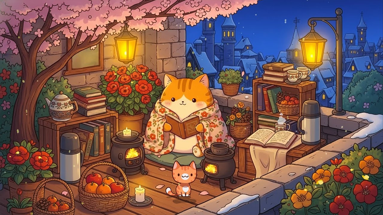 Cozy Floral Terrace 🌸🔥 Relaxing Lofi Beats for Deep Sleep, Reading & Spring-Winter Ambience