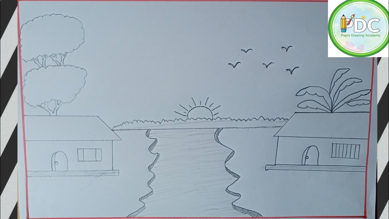 Easy Village River Scenery Drawing Step by Step | Simple Nature Drawing for Beginners