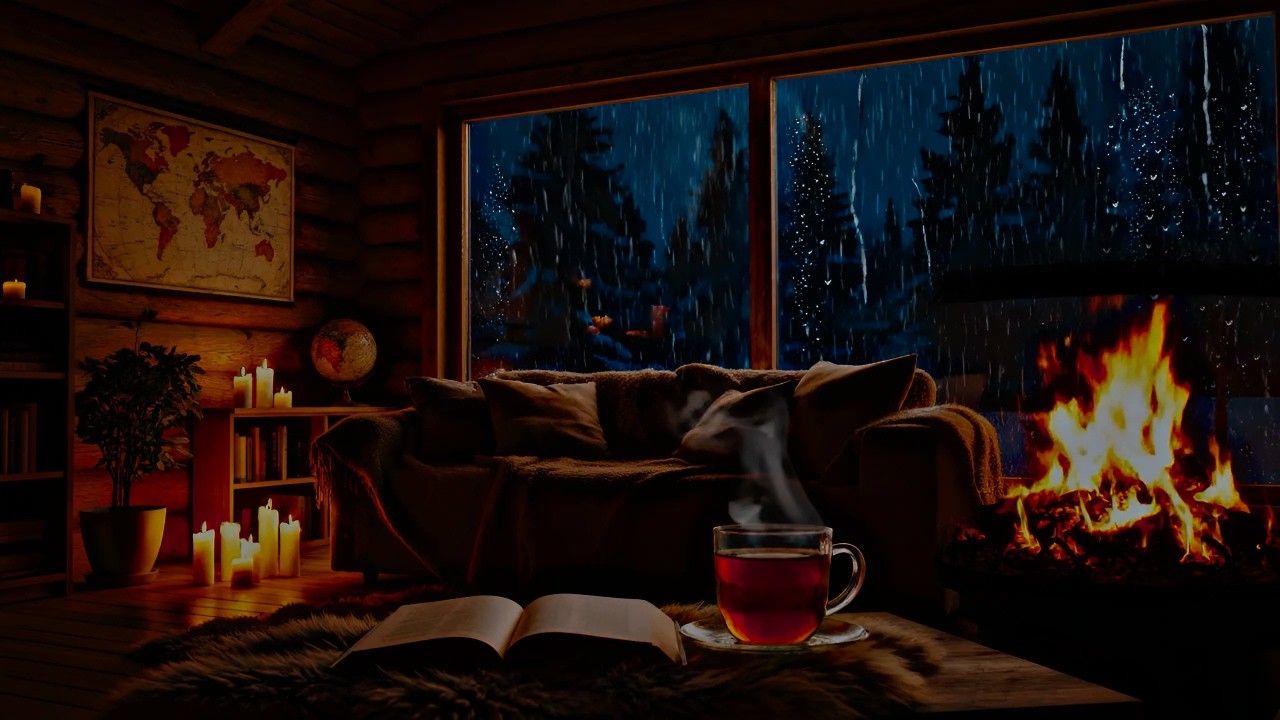 Rain & Fireplace in Cozy Cabin 🌧️ Relaxing Rain Sounds for Sleeping