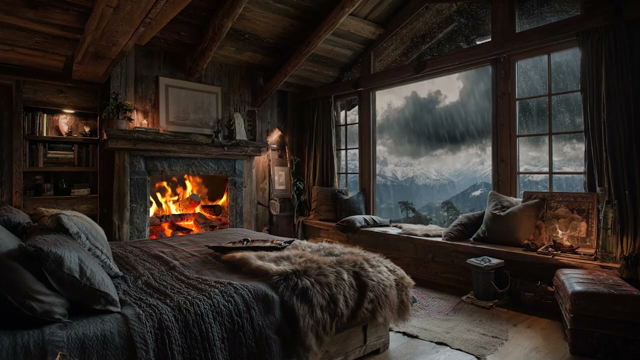 Heavy Rain & Crackling Fireplace Sounds | Cozy Cabin Ambience for Sleep, Study, or Relaxation