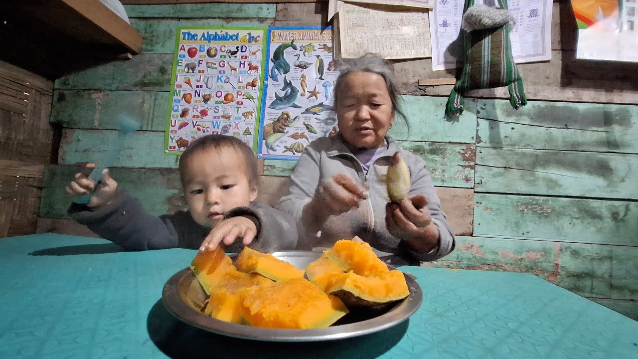 Grandma & Baby Enjoy Pumpkin Snack 🍠👶!! #VillageLife 😊!