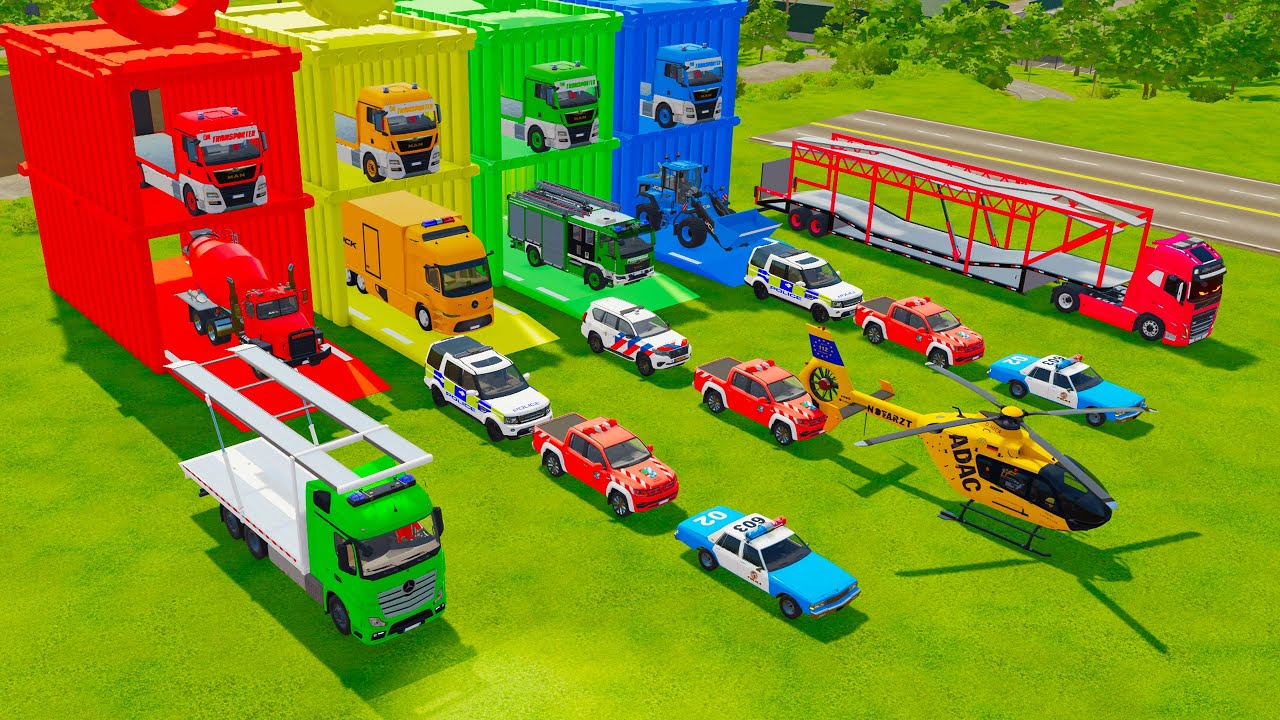 TRANSPORTING ALL POLICE CARS, HELICOPTER, FIRE ENGINE, MIXER TRUCK, WHEEL LOADER TO GARAGE - FS22