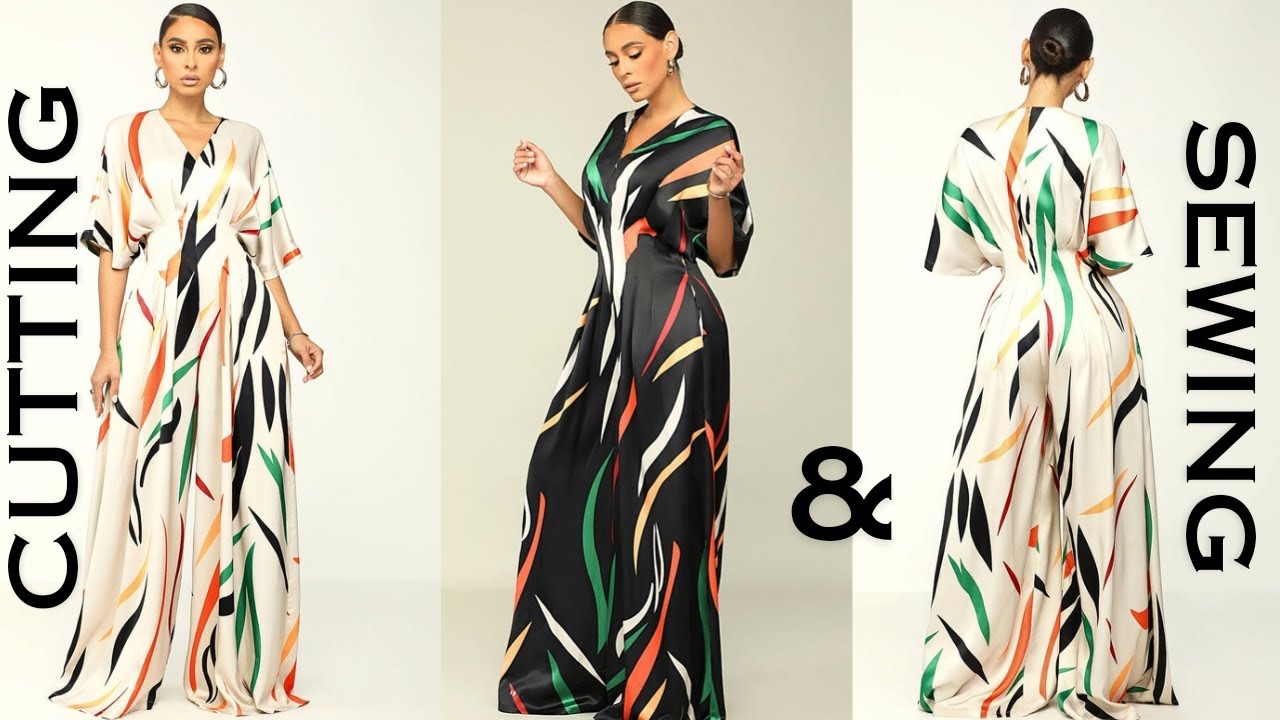 How to cut and sew V neck Kimono Jumpsuit with pleats.