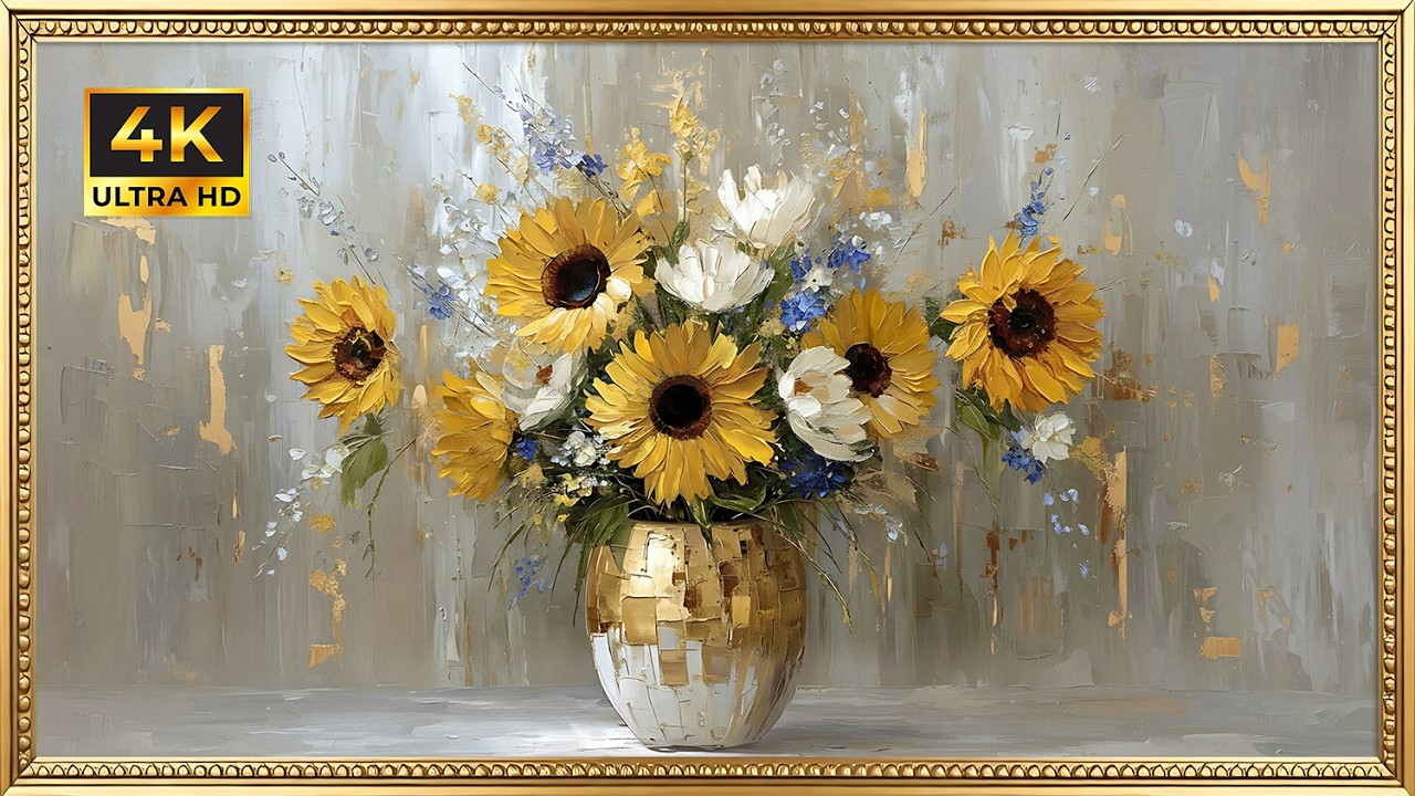 Vibrant Sunflower Bouquet | Gold Framed 4K Art Screensaver | Elegant Golden Still Life TV Wallpaper