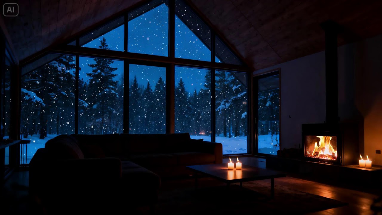 Warm Fireplace Glow on a Cold Winter Night  Snow Outside