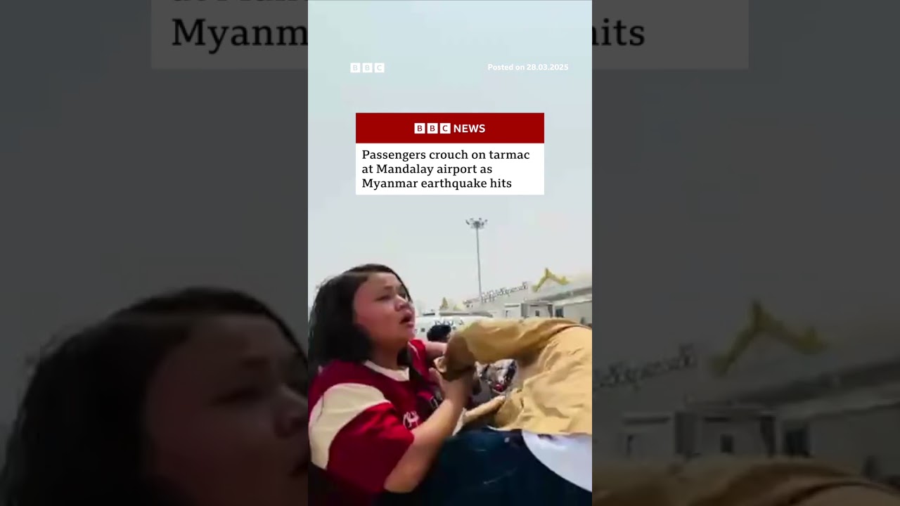 Passengers crouch on airport tarmac as Myanmar earthquake hits. #Myanmar #BBCNews