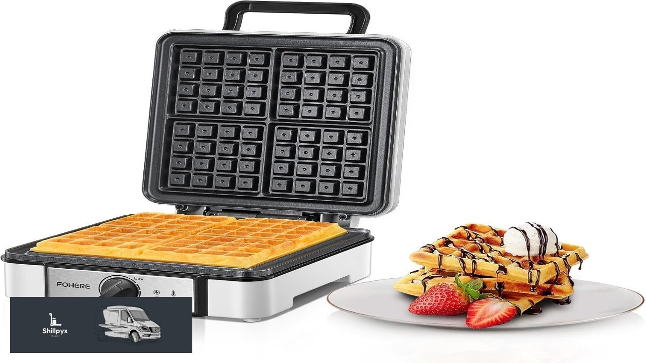FOHERE Belgian Waffle Maker 4 Slices 1200W Square Waffle Iron 5 Browning