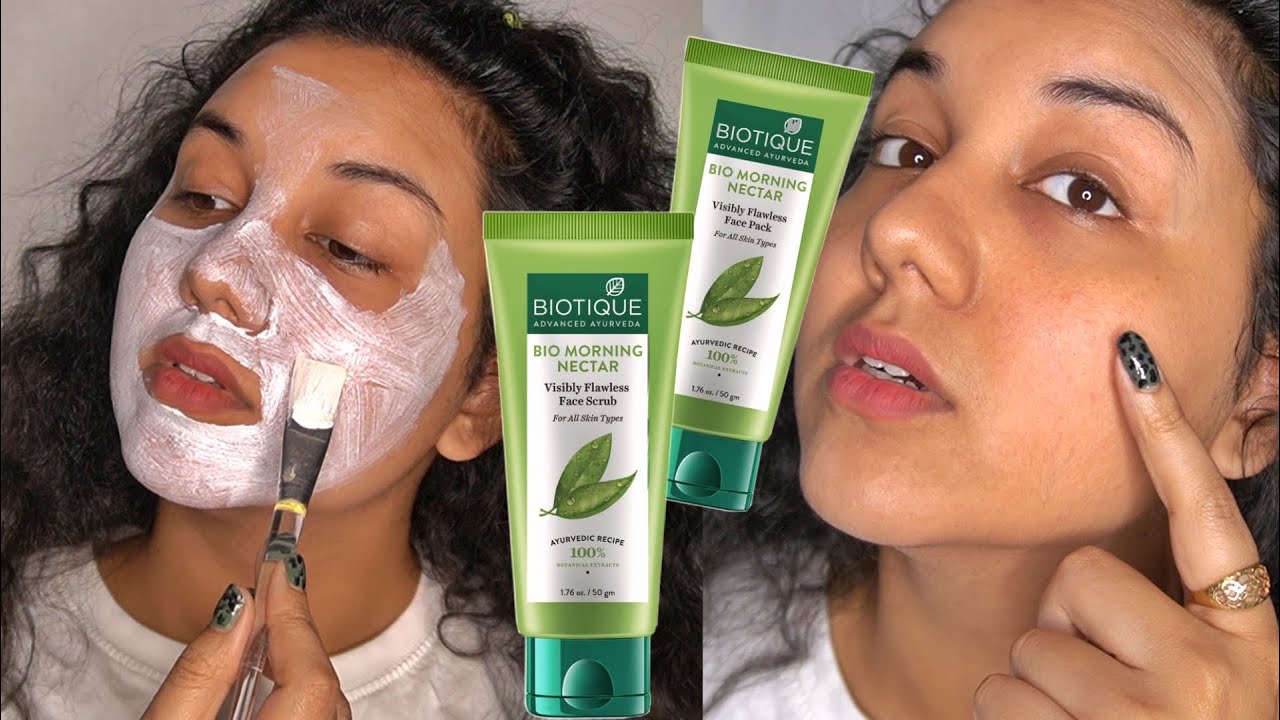 *NEW BIOTIQUE BIO MORNING NECTAR VISIBLY FLAWLESS FACE SCRUB & FACE MASK / FIRST IMPRESSION + DEMO