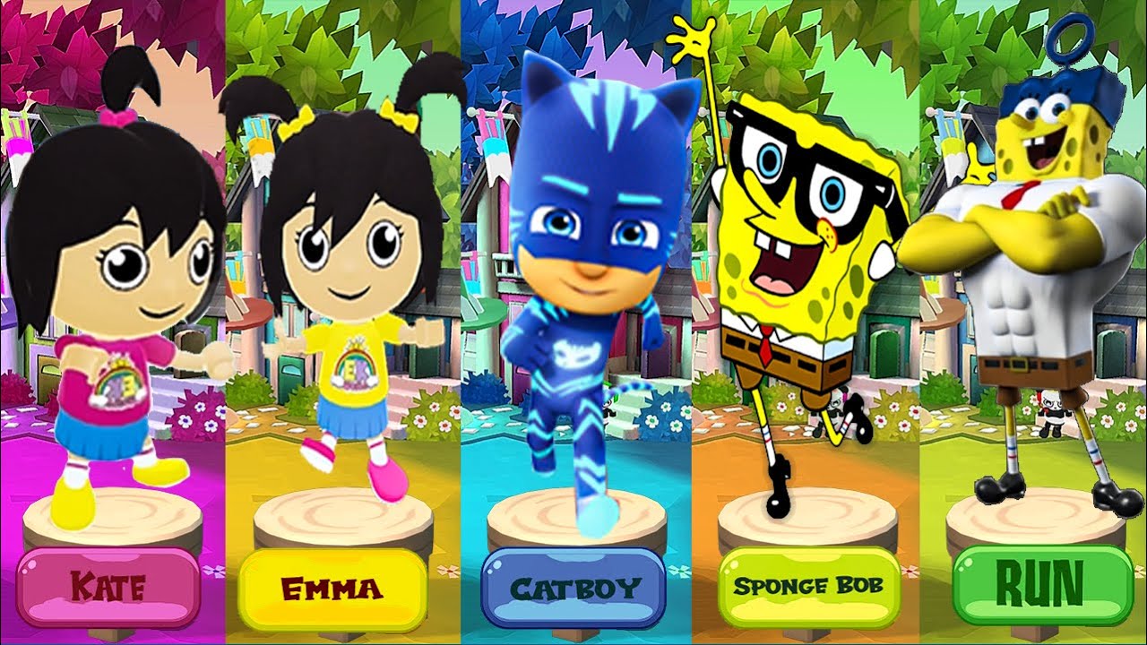 Tag with Ryan's Twin Sisters vs Spongebob vs Tag with PjMasks CatBoy -  Emma & Kate Run GamePlay