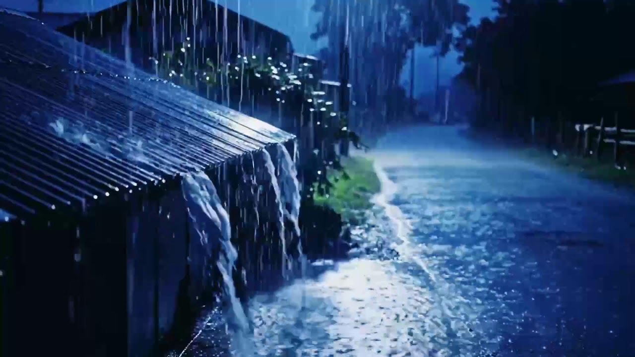 Heavy Night Rain ASMR Near a Small Hut on a Quiet Rural Road for Deep Sleep and Relaxation 122