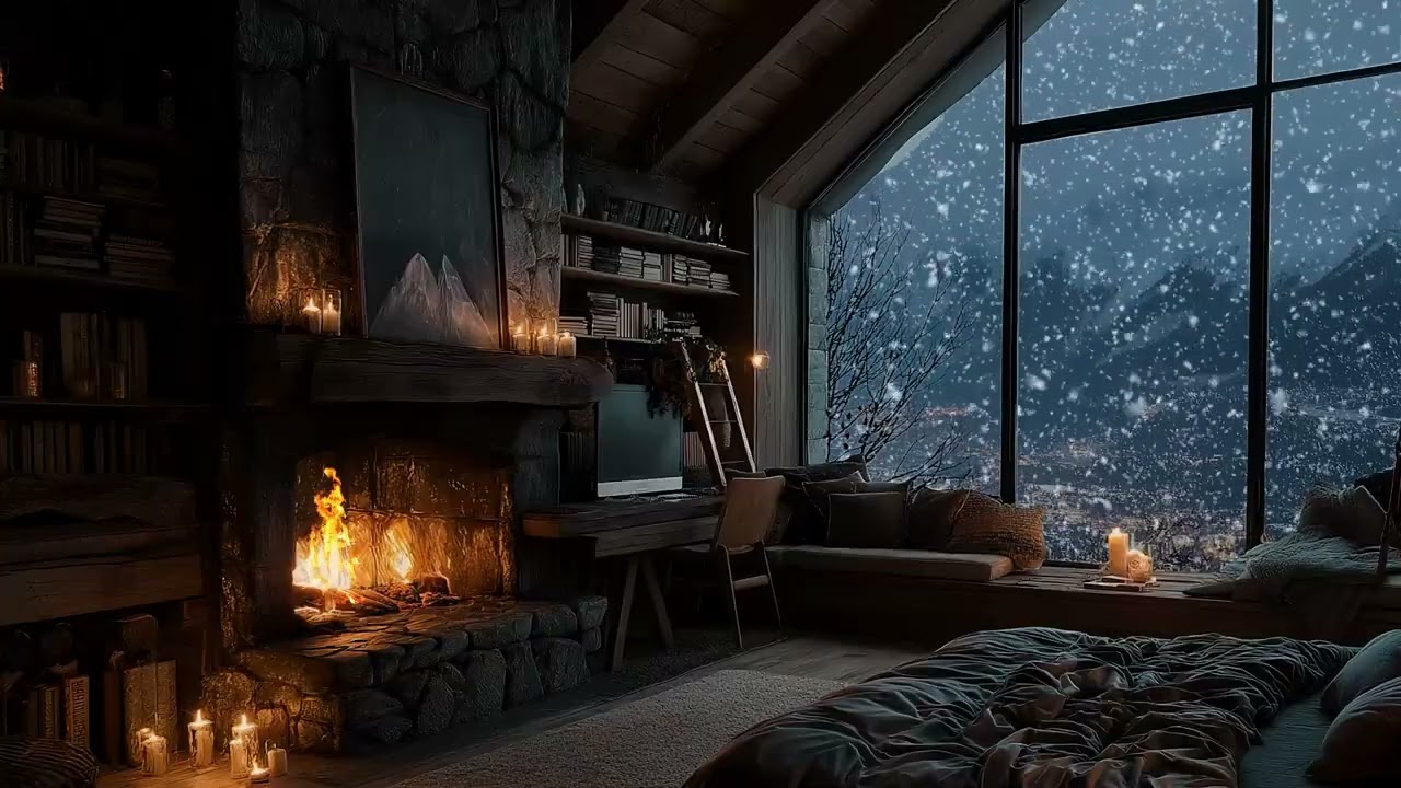 (No Ads) Cold Winter Wind and Warm Fireplace Crackles | Ambient Night for Sleep