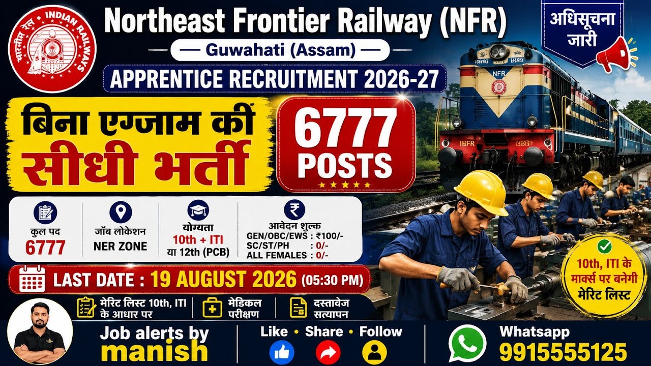 NFR Apprentice Recruitment 2026-27 | 6777 Posts | 10th Pass & ITI Jobs | Railway Apprentice Online
