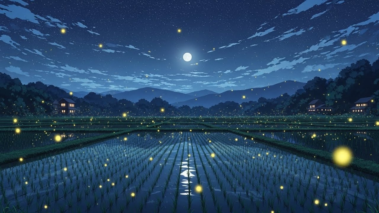 Calm-Night Chill Lofi Energy Drifting Above Rice Fields Glowing Warm Beneath Silver Skies