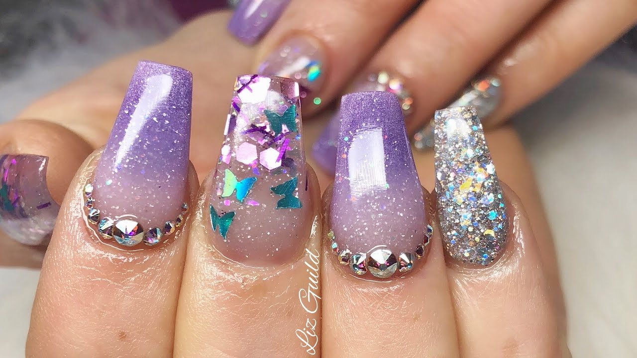 SHORT COFFIN ACRYLIC NAILS | BUTTERFLIES AND OMBRÉ
