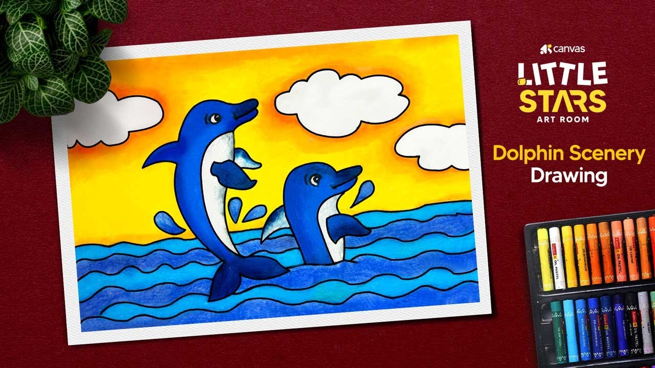 How to draw easy dolphin scenery with oil pastel / Easy dolphin drawing for kids
