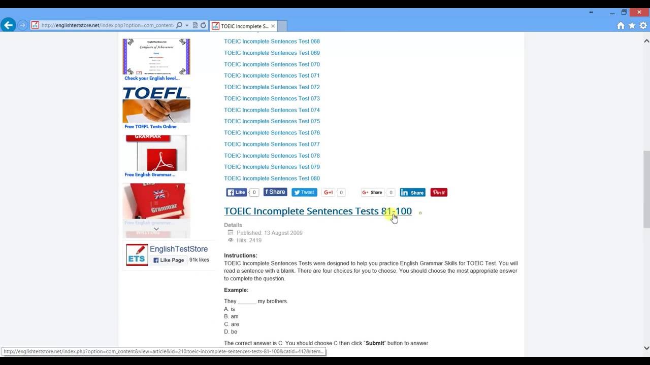 Free TOEIC Incomplete Sentence Test Online