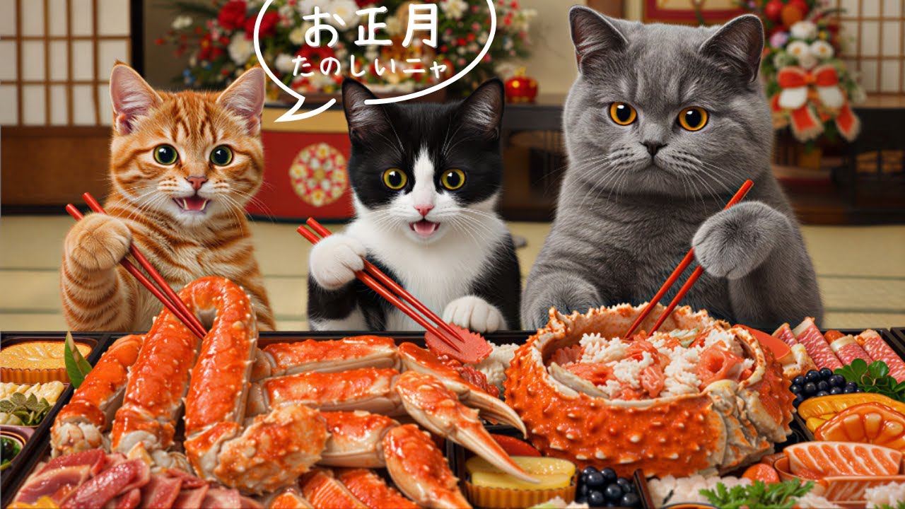 もふもふ猫日和「猫のたのしいお正月」猫のお正月ルーティンが想像以上だった件　#猫#猫動画#お正月#猫のお正月#餅つき#お雑煮#福笑い#凧あげ#初詣#お年玉#cat#cats#cute#newyear