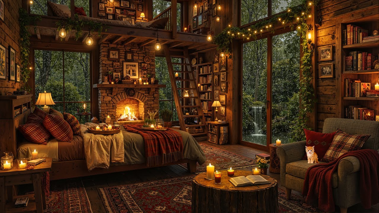 Rain Sound & Thunderstorm with Jazz Melody | Warmth Fireside in a Cozy Cabin next to the Forest