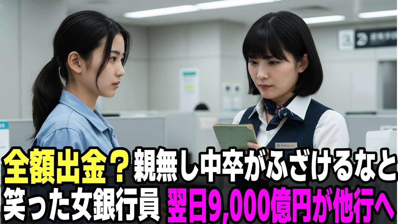 「全額出金？親無し中卒ごときが、ご勝手にどうぞ」病気の祖父の為、預金下ろすボロボロ作業着姿の少女を見下す女性銀行員。翌朝、9000億円他銀へ送金され本店はパニック