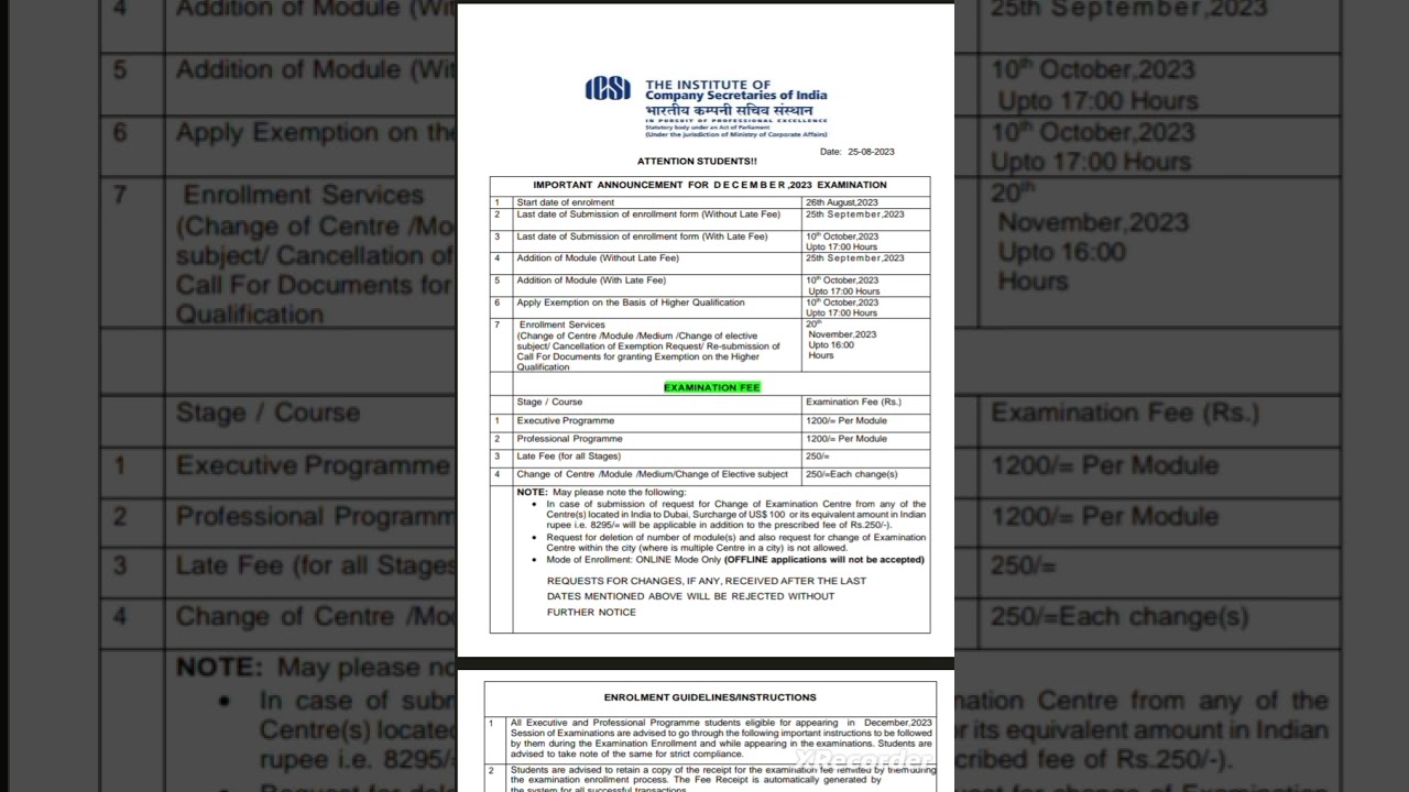 ICSI Important Announcement: December 2023 Examination