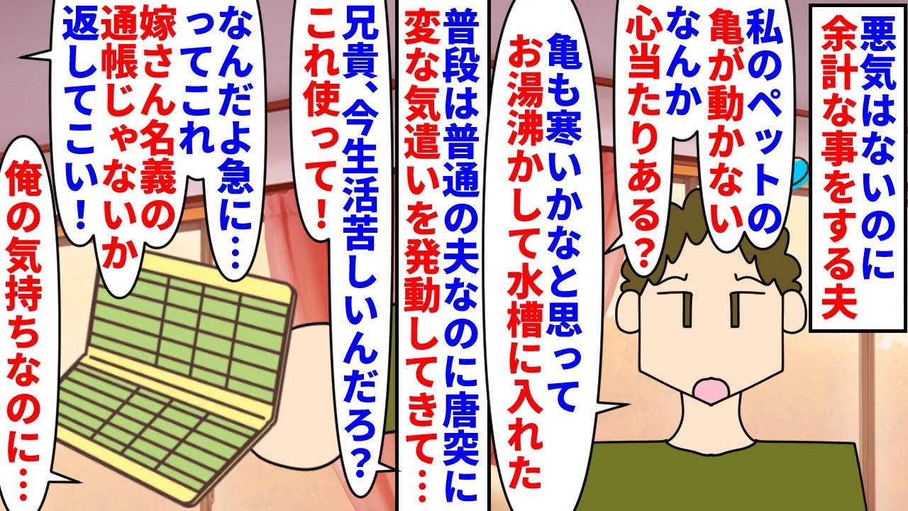 【漫画】夫「良かれと思ってやったのになんで怒るんだよ…」悪気はないのに余計な事をする夫→急に変な気遣いを発動され私のペットの亀にお湯をかけたり私の貯金通帳を義兄に渡し…（スカッと漫画）【マンガ動画】