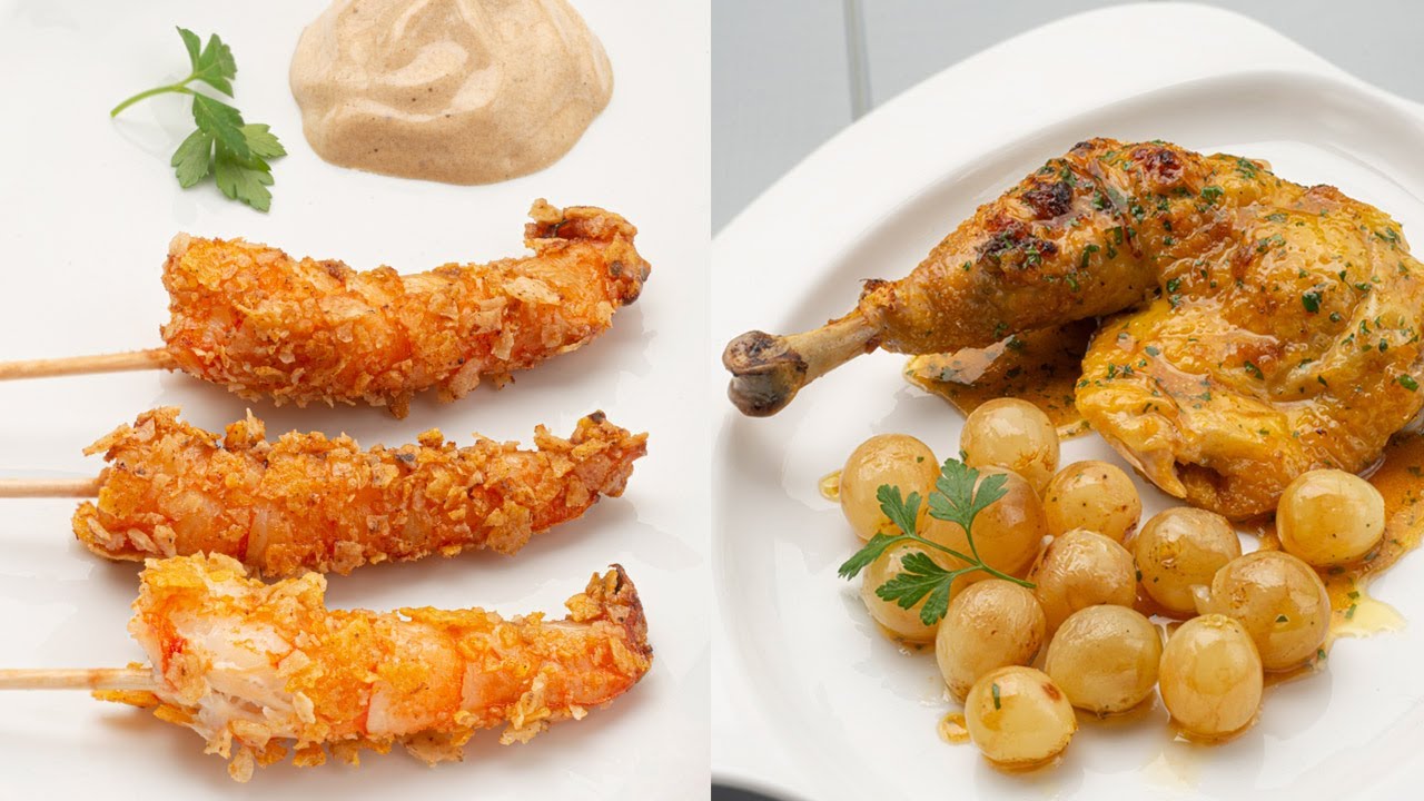 Langostinos crujientes con mahonesa - Pollo asado con uvas - Cocina Abierta de Karlos Arguiñano
