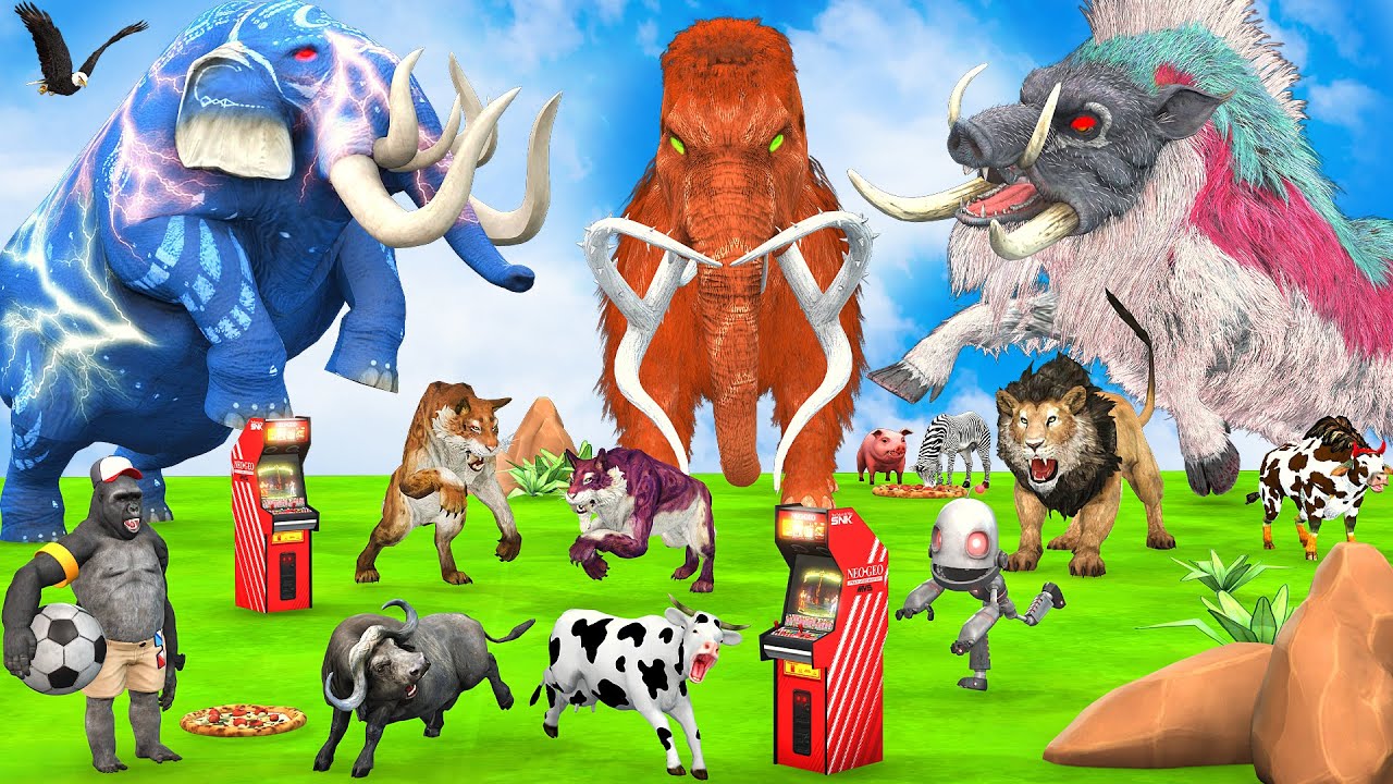 5 Giant Elephant Cow Vs Giant Indian Wild Boar Vs 5 Giant Lion Tiger Bull Saved By Woolly Mammoth