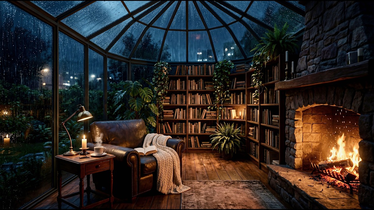 Rainy Glasshouse Library 🌧️📚 Soft Jazz & Fireplace Ambience for Study & Relaxation