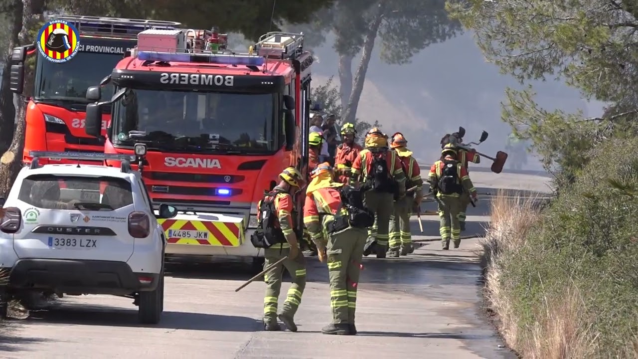 Los bomberos trabajan para extinguir un incendio forestal en el Pla de Pavia de Sagunto