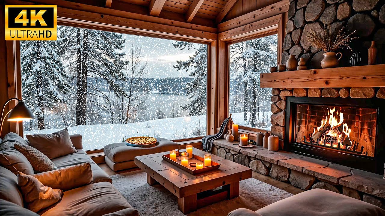 ✨ Cozy Winter Cabin Fireplace Ambience [4K UHD] | Relaxing Snowfall Sounds & Crackling Fire