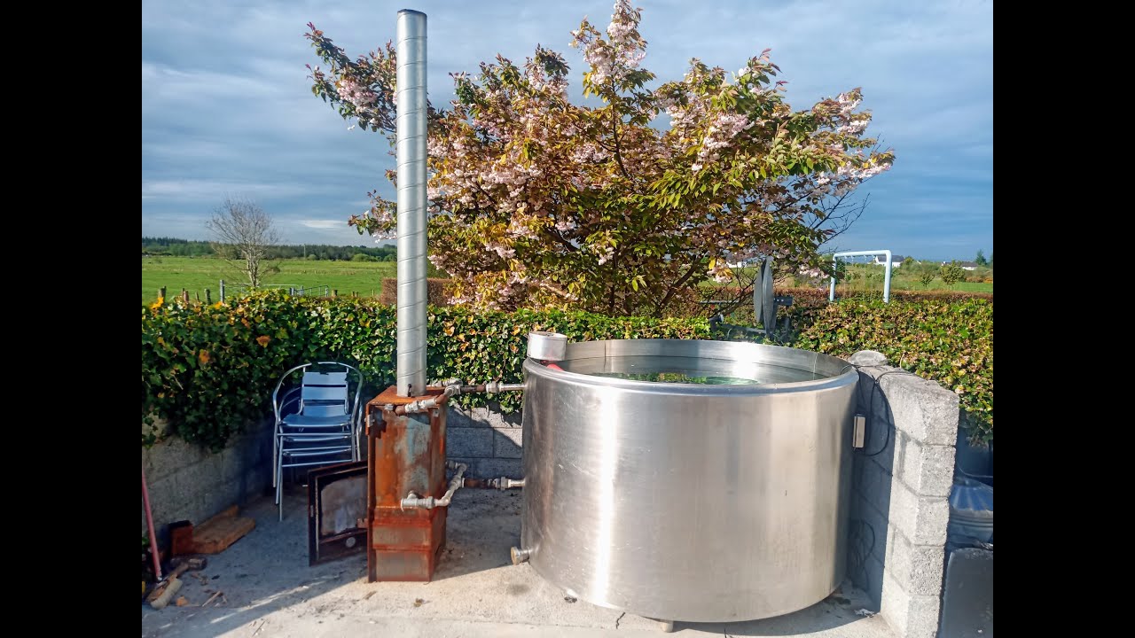 HOT TUB from a MILK TANK & wood fired water heater from a Back Boiler.