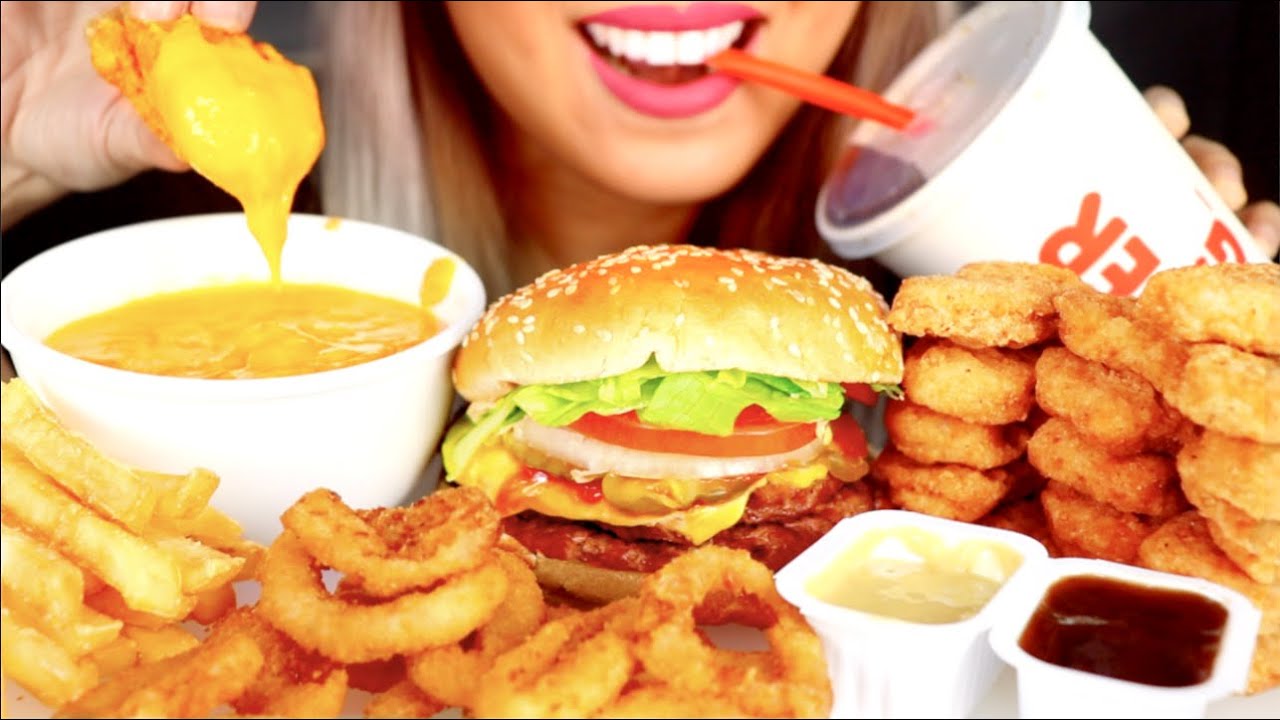 ASMR Burger King Whopper Onion Rings Chicken Nuggets Fries w Cheese Sauce *No Talking