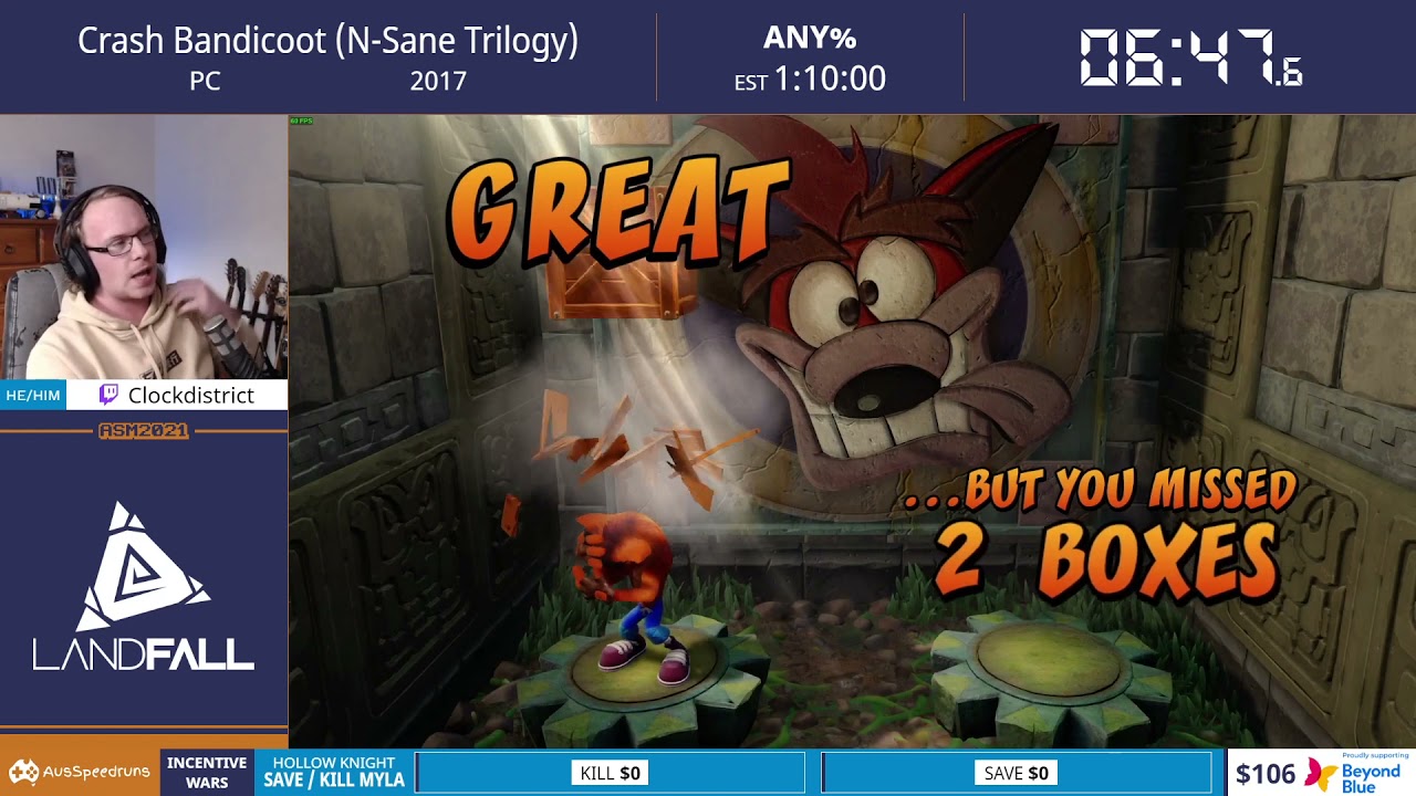Crash Bandicoot (N-Sane Trilogy) - any% by Clockdistrict in 57:55 - ASM 2021
