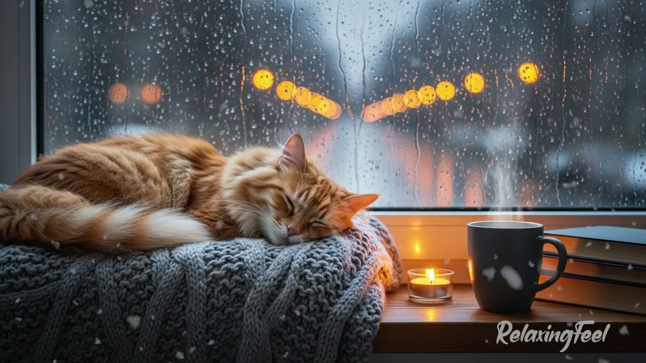 Cozy Rainy Day with a Sleeping Cat 🐈 Relaxing Window Ambience & Lofi Music to Study/Sleep