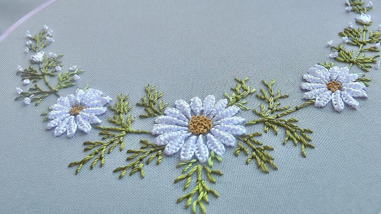 Fantastic Hand Embroidery Chamomile Neckline Design Exclusive Flower